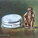 Netsuke en zilveren doosje, 10 x 15 cm, olieverf op paneel. Geschonken